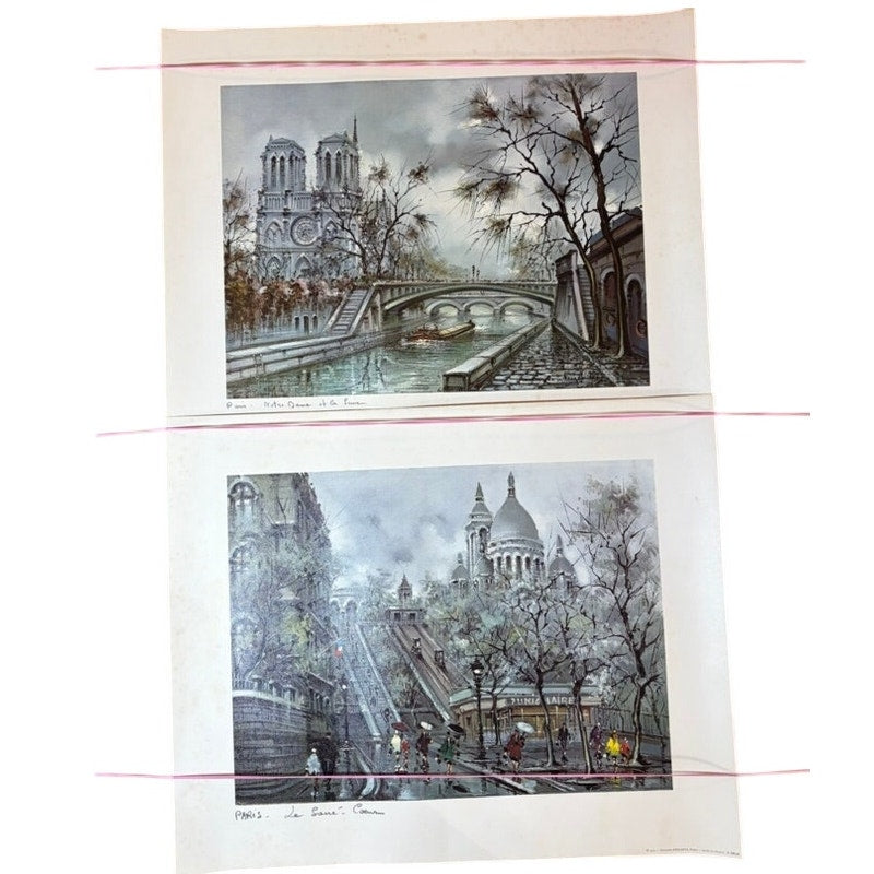Vintage Paris Prints - 1972 Notre Dame & 1974 Sacre-Coeur 2PC Set, 18x14.5"