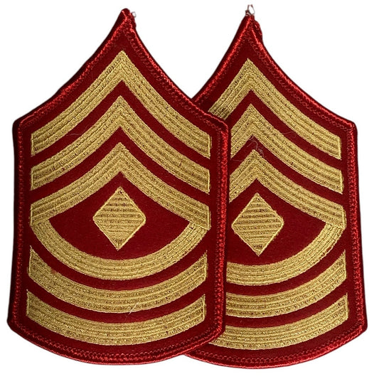 1 Set- USMC First Sergeant, Gold on Red Embroidered Chevrons, Female