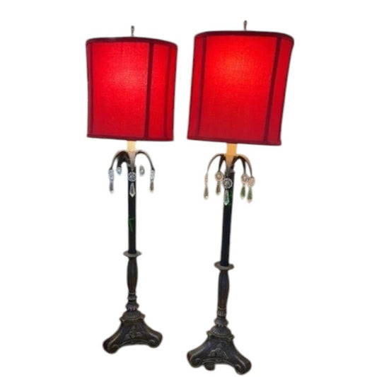 Vintage Lamps – Red Oval Shades, Acrylic Teardrops, Ornate Base, 34-3/4"H, EUC
