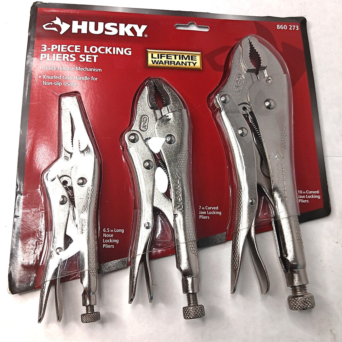 Husky 3-Piece Locking Pliers Set 6.5" Long Nose 7" & 10" Curved Jaw CR-V