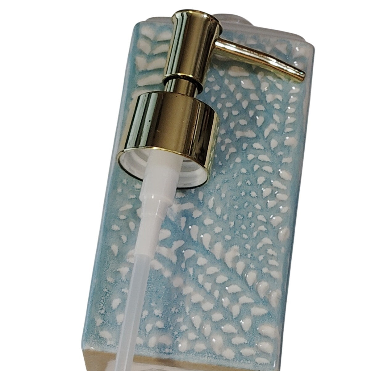 Light Blue Ferns Print Ceramic Liquid Soap Dispenser – 8"H x 2-3/4" Sq.