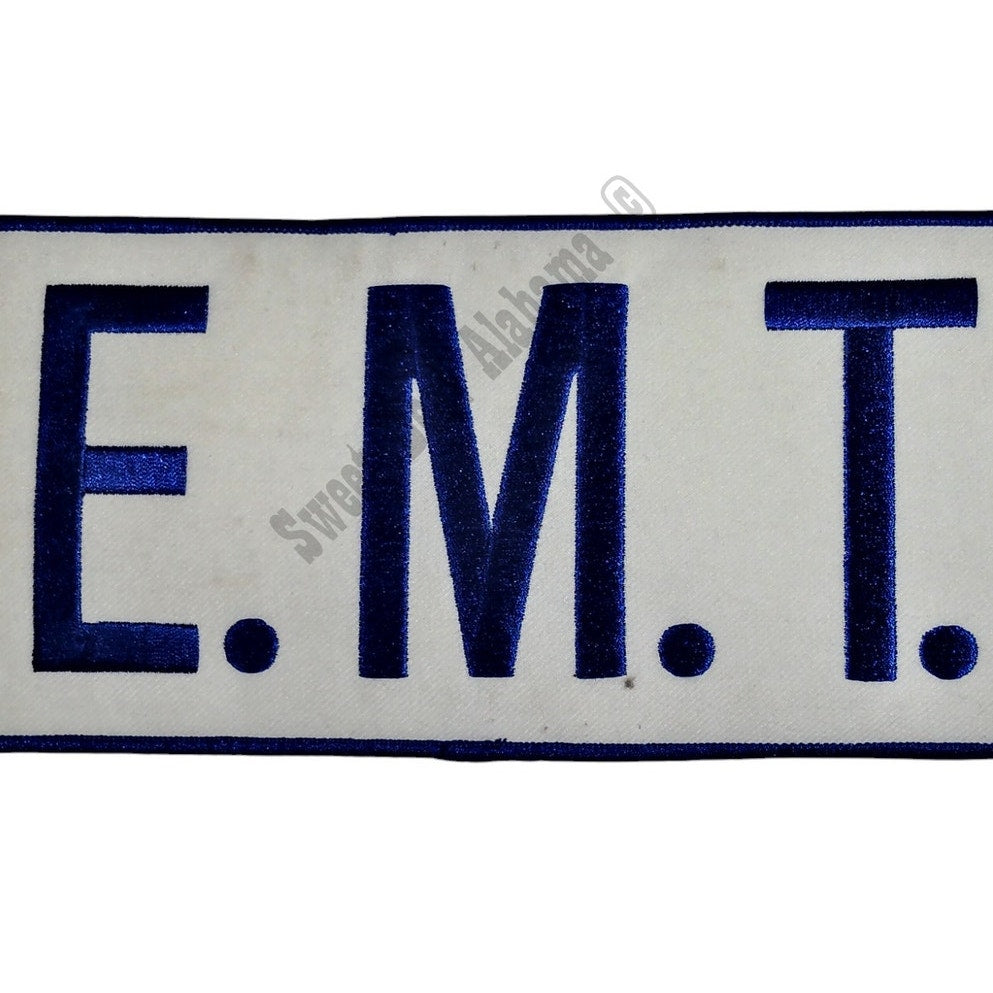 NOS, E.M.T. 11" x 4" Blue Text, White Background, Iron or Sew On Patch