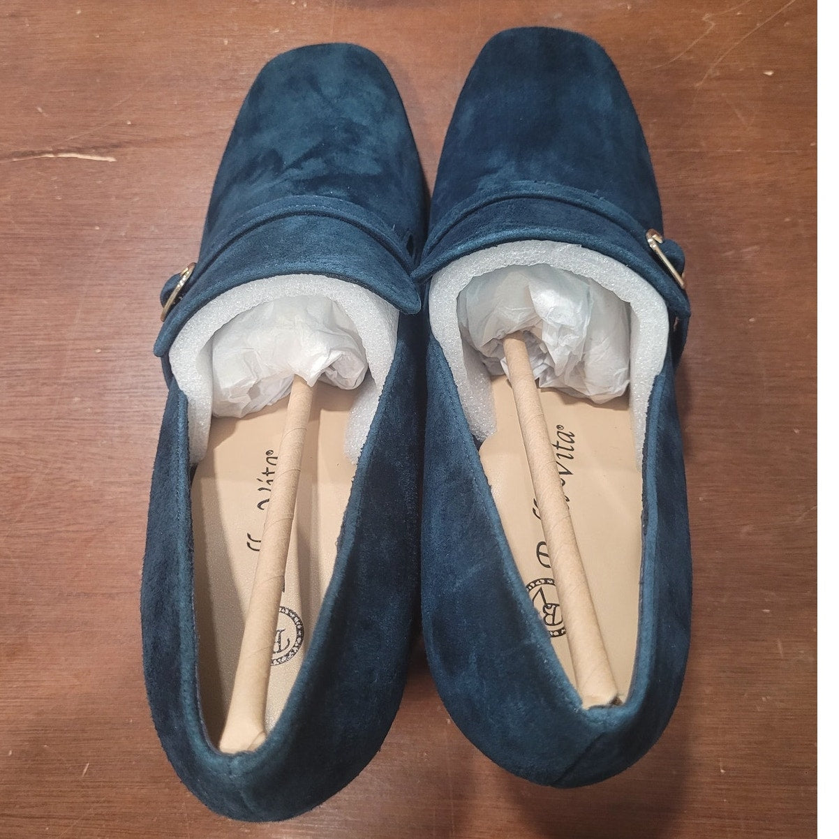 Bella Vita Ashton Pump – Navy Suede Leather, Womens 9 XW, Block Heel Square Toe