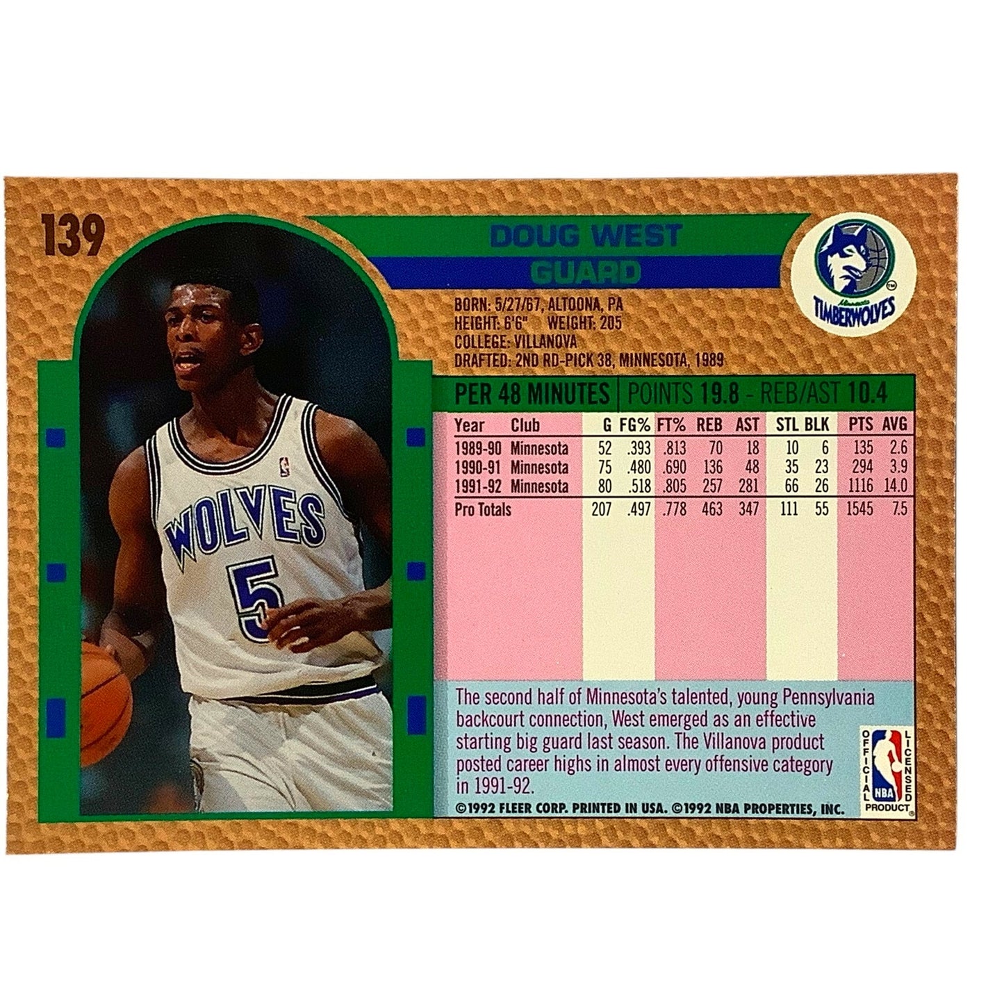 Doug West (G), Card #139, Minnesota Timberwolves, 1992-93 Fleer NBA