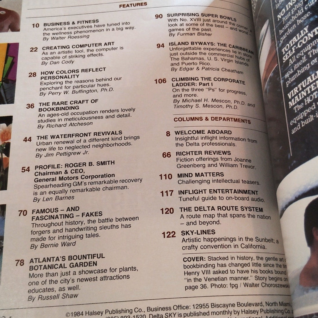 Delta SKY Mag - Jan 1984 - Roger B Smith GM Profile - Best & Worst Super Bowls