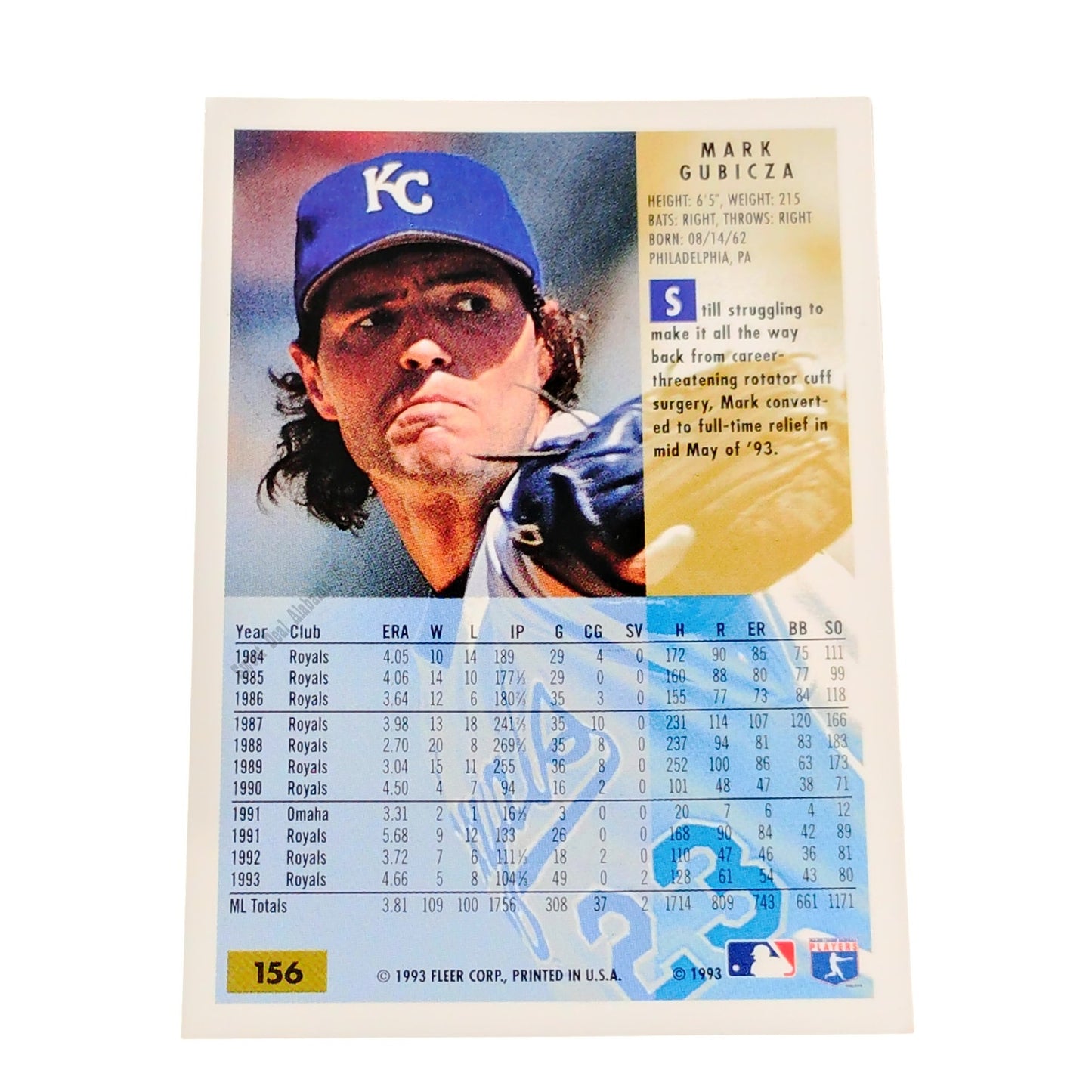 Mark Gubicza, Kansas City Royals, #156,  1994 Fleer Baseball Collector's Card