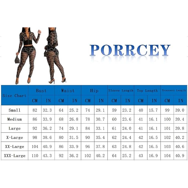 PORRCEY Sexy Women Hot Drilling Process L/S 2 Piece Bodycon Jumpsuit, Black, M