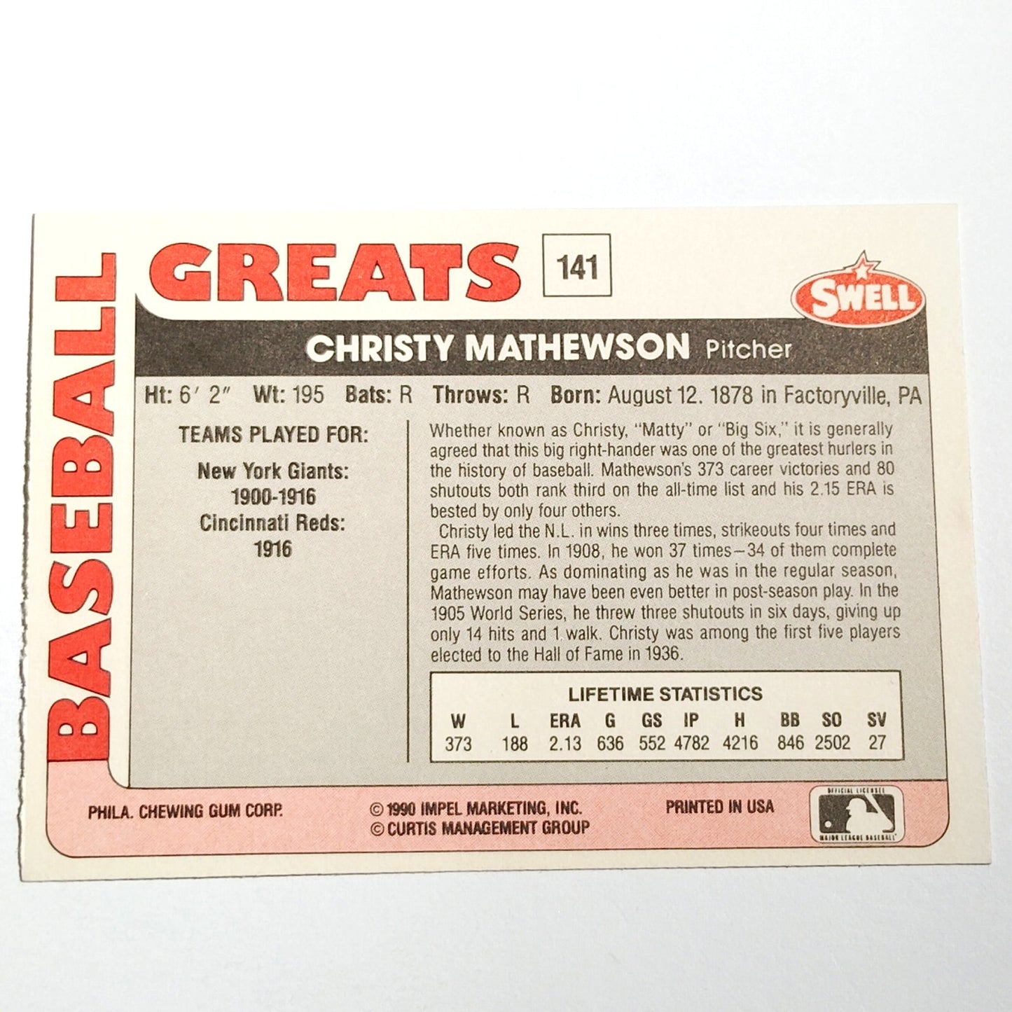 1991 Swell Baseball Greats Christy Mathewson #141 New York Giants Pitcher NM