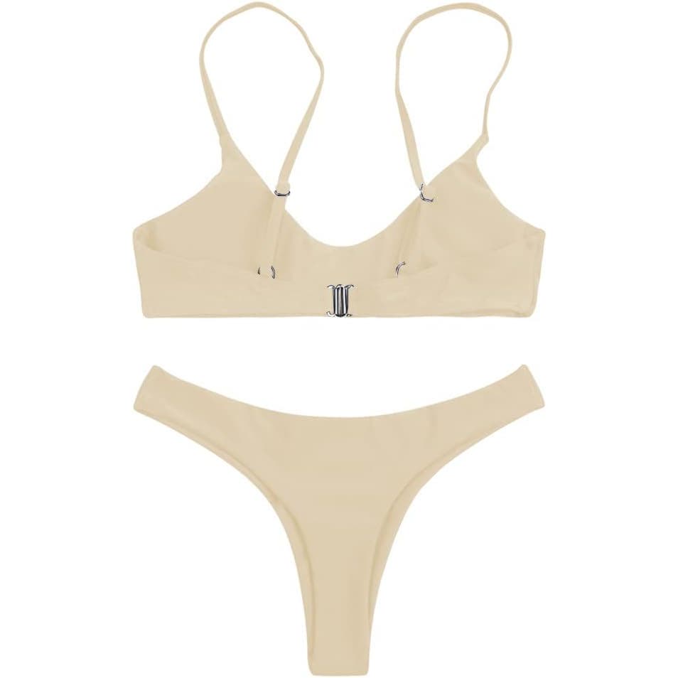 SherryDC Solid Scoop Neck Push up Padded Brazilian Thong Bikini, Beige, L