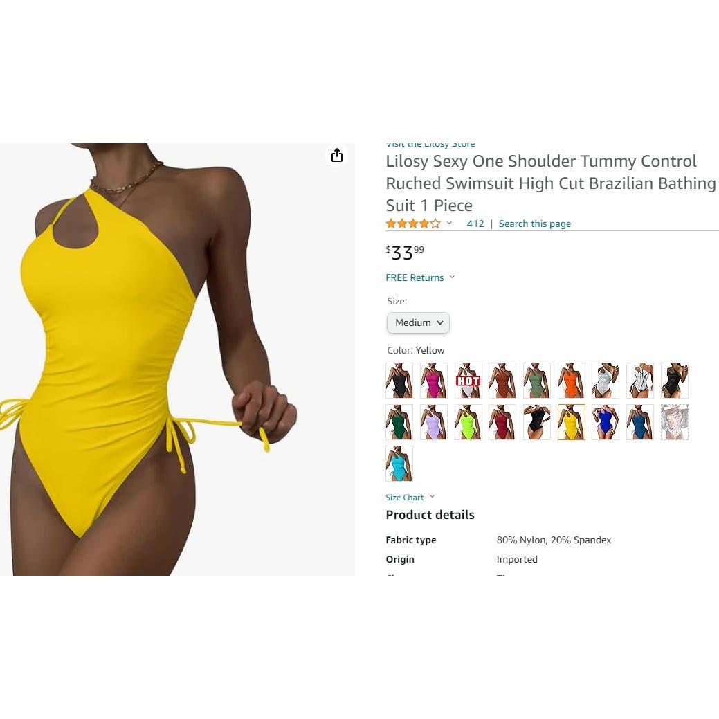 Brazilian One Shoulder Tummy Control Ruched Swimsuit, High Cut, Yellow, Medium