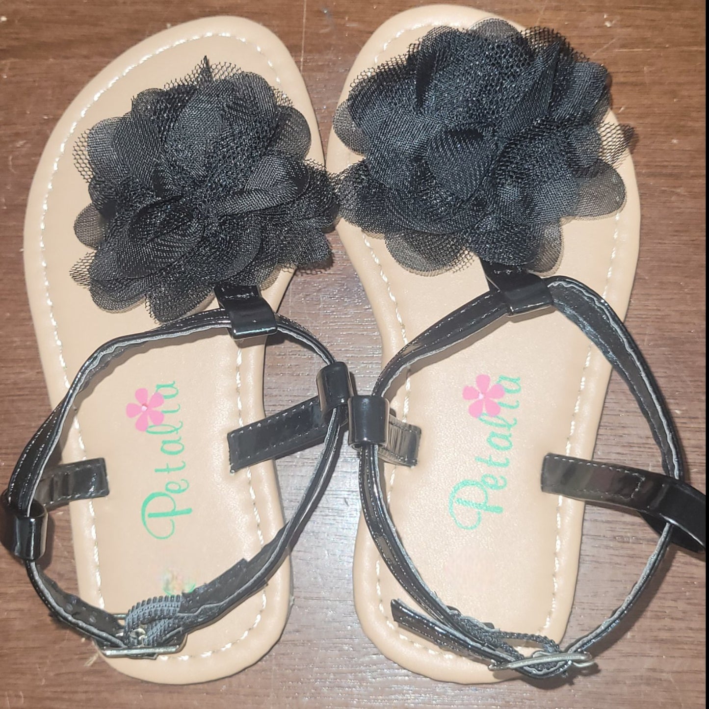 Petalia Toddler Girls' Sandals, 9,  Black Patent - Black Mesh Flower Sandal