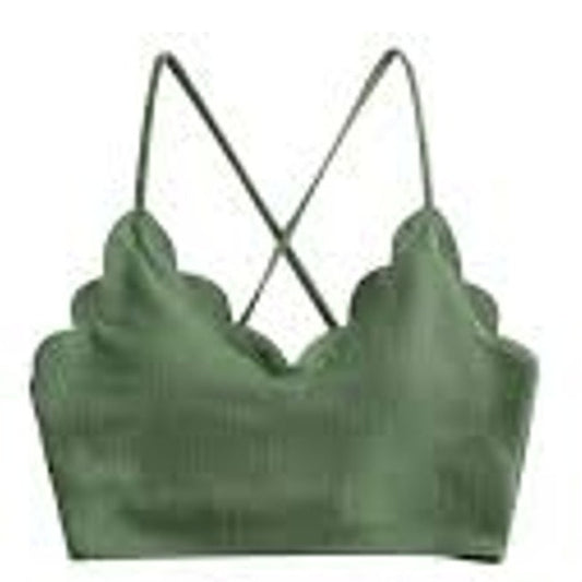 Zaful Green Scalloped Bikini Top Ribbed Strappy Back Swimwear Medium (6) – NWT