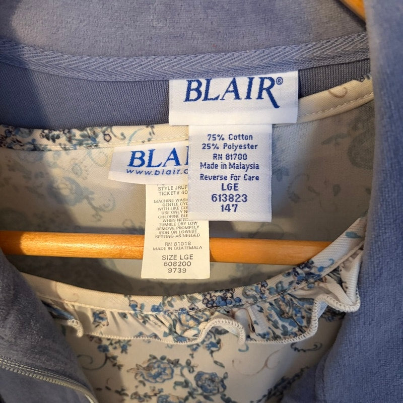Blair Women's 3-Piece Velour Set L Blue Cream Floral Top Jacket & Pants