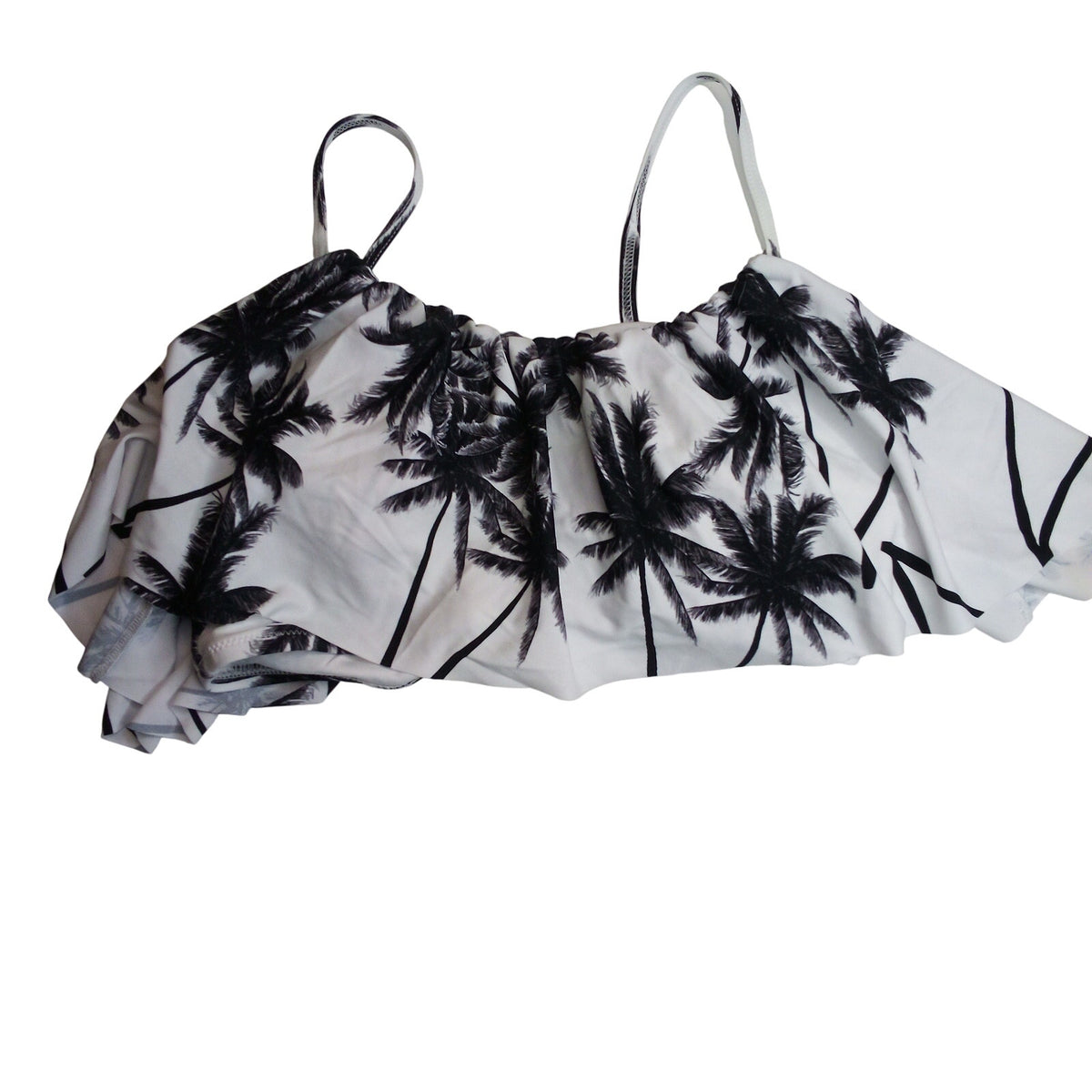 B&W Palm Tree Ruffled Bikini Top Swimwear L - New Without Tags