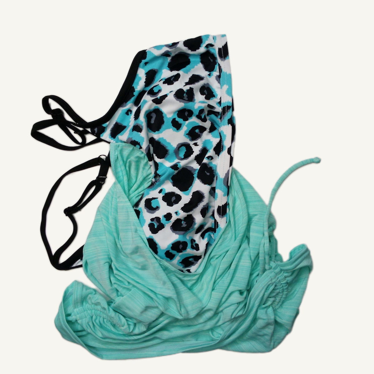 L Teal Leopard Print Racerback Tankini Top with Built-in Padded Bra