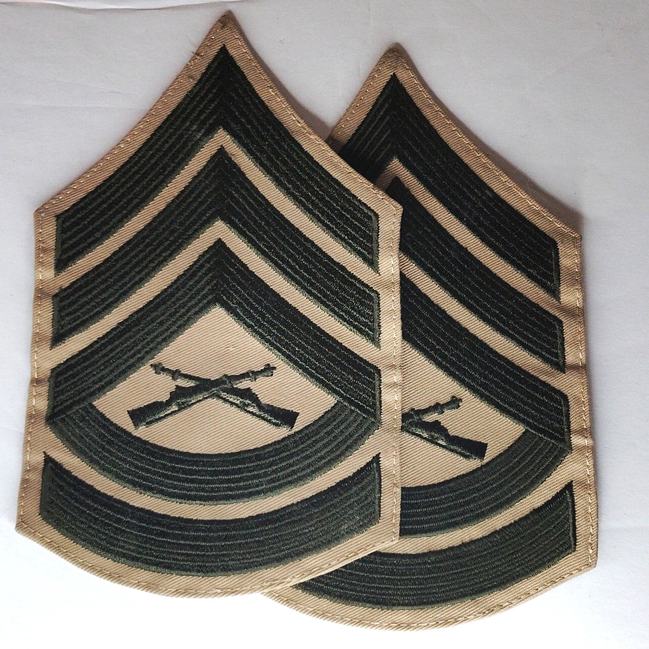 USMC Gunnery Sergeant E‑7 Chevrons Green on Khaki Male Size Pair, 6" × 3‑5/8"