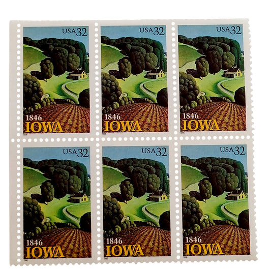 Block of 6 – 1996 USA 32¢ Iowa Statehood MNH Scott 3088 – Grant Wood Art