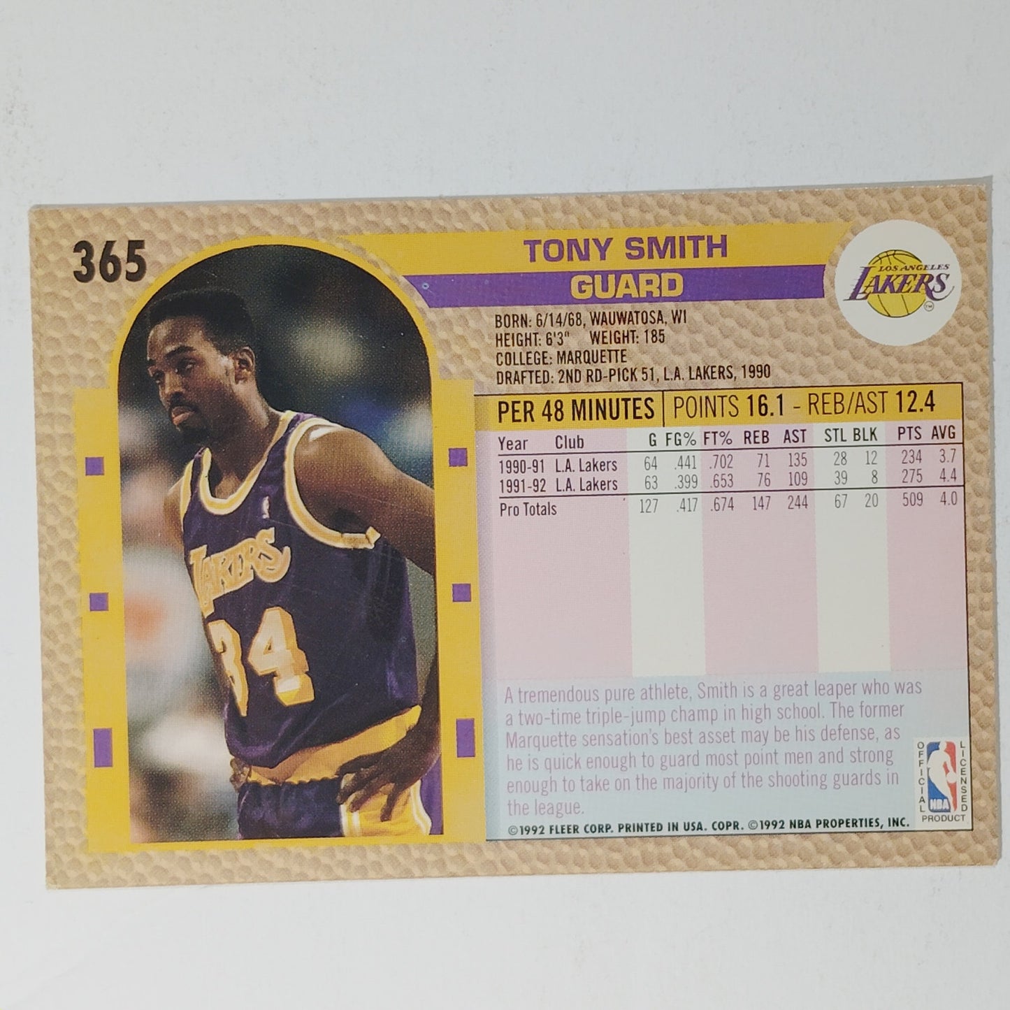 1992–93 Fleer Tony Smith #365 – Los Angeles Lakers – Guard – VG/EX