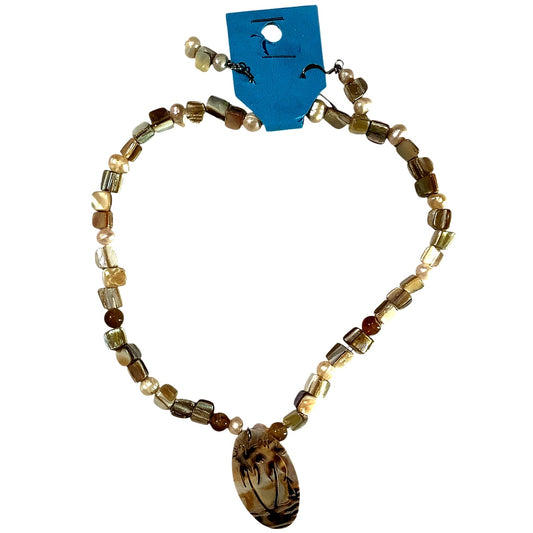 15.5" Necklace Stone and Faux Shell Painted with Palm Trees Pendant and Earrings