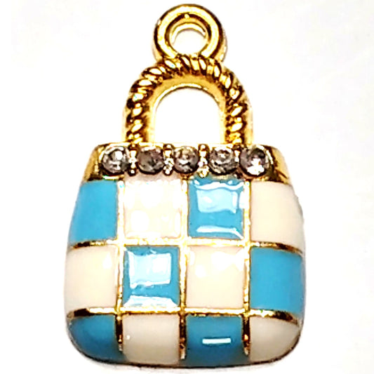 Blue Checkered Purse Charm Enamel Gold‑Tone with Rhinestones 5/8" Pendant