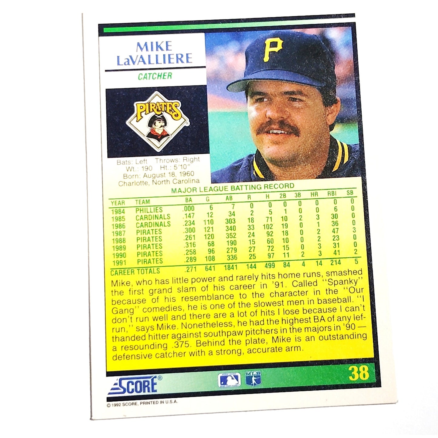1992 Score Mike LaValliere #38 Pittsburgh Pirates Catcher MLB Baseball NM