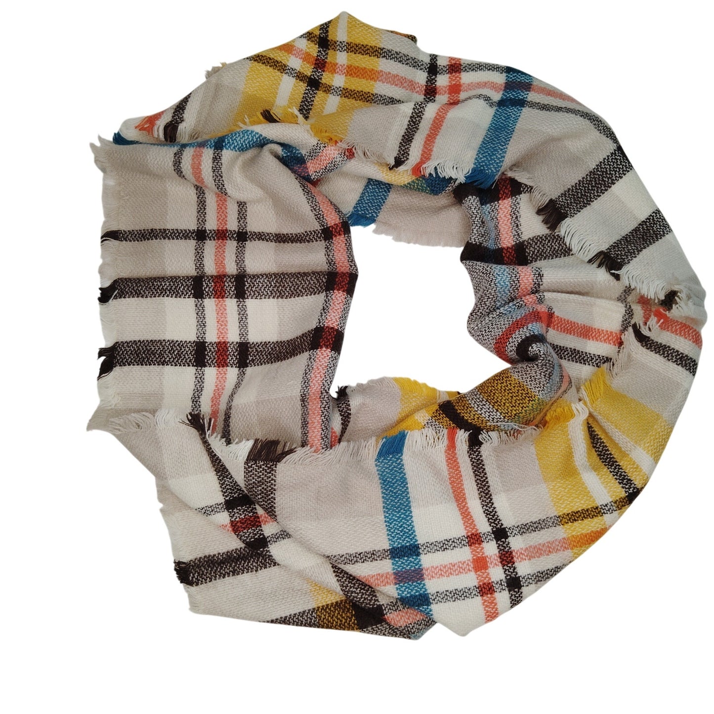 Lucky Leaf Infinity Scarf w/ Tassels Lightweight 100% Acrylic Beige/Yellow Plaid