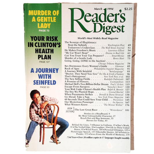 Reader's Digest March 1994 Seinfeld Cover Magazine Vintage Back Issue