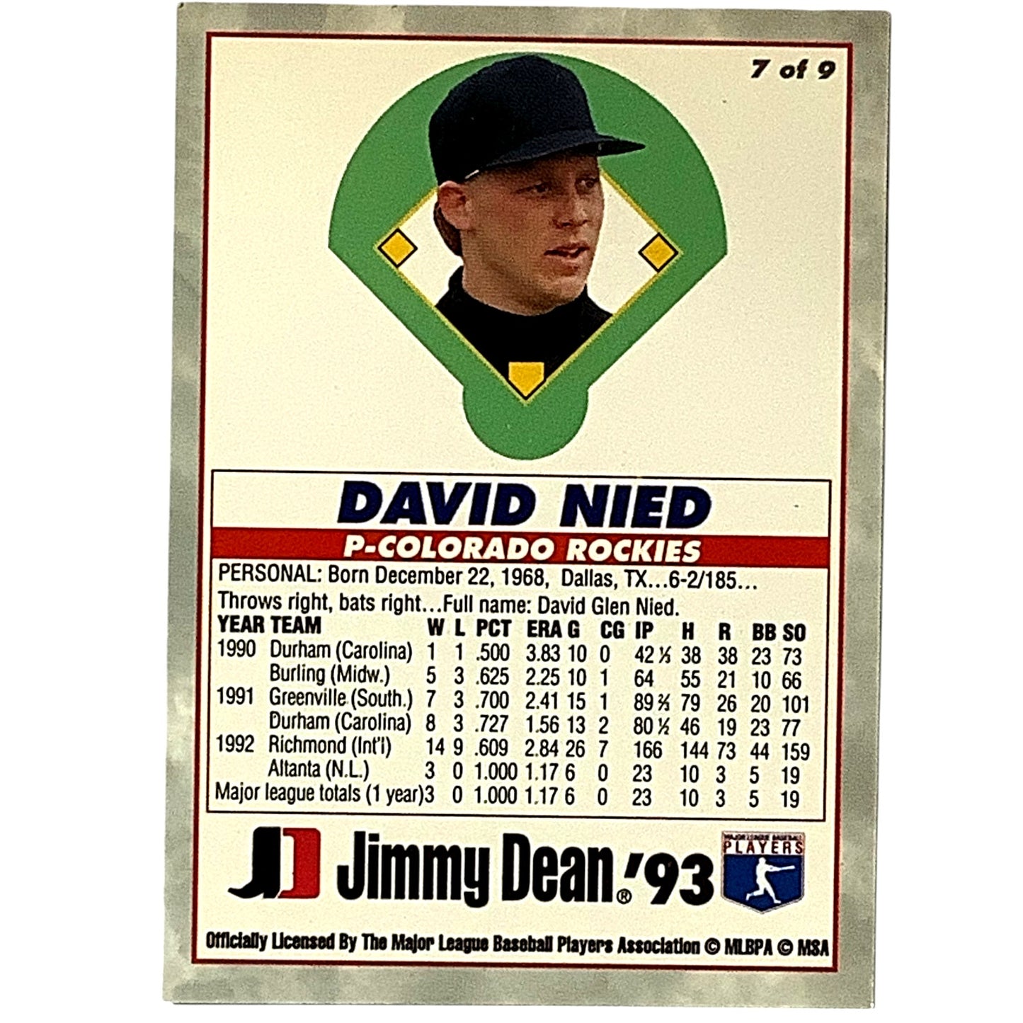 1993 Rookies, David Nied, Colorado Rockies, MLB, Jimmy Dean 1993, Card 7, EX/NM