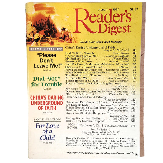 Reader's Digest Magazine August 1991 70th Year Vintage Firefighter Cover