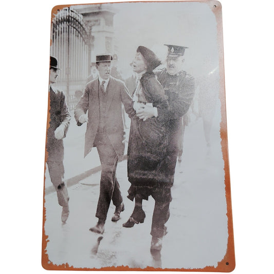Emmeline Pankhurst Arrested 12x8 Retro Tin Sign – Suffragette Protest Wall Art – Feminist History
