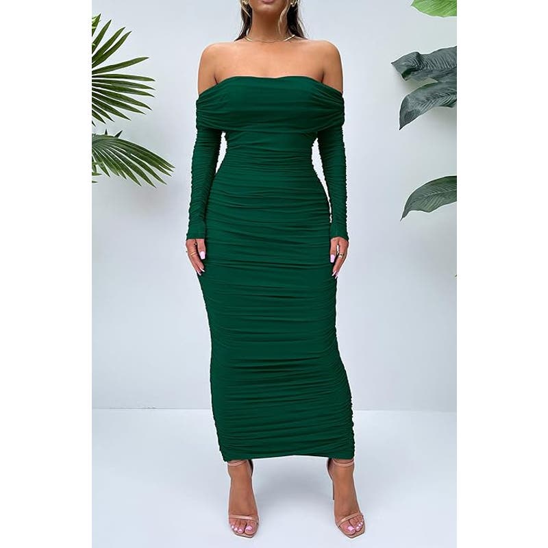 Fall Off Shoulder Maxi Bodycon Dress L/S Ruched Club Dress w/ Slit, MD, Green