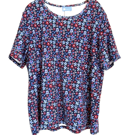 Koret Women's Navy Red Floral Print Short Sleeve Blouse Top Size XL