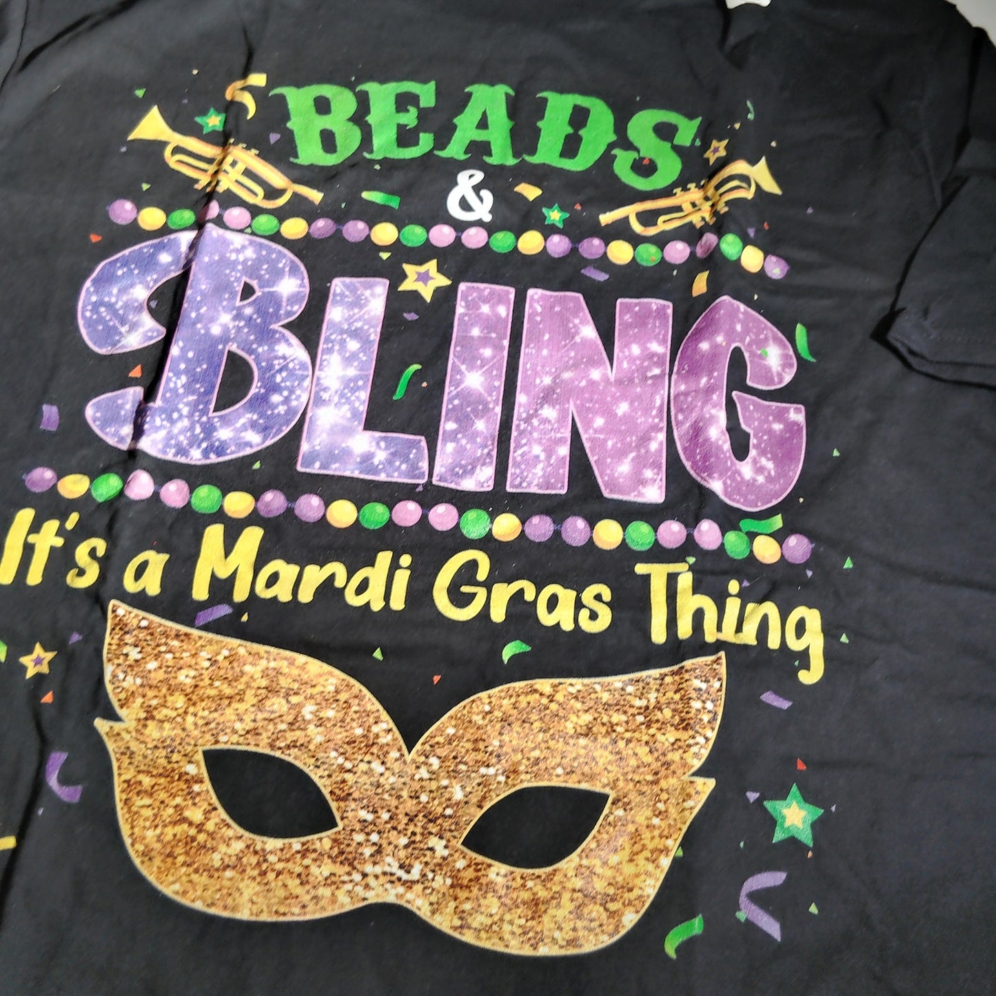 Unisex Mardi Gras Beads Bling Graphic T Shirt Black Crew Neck Cotton 2XLT