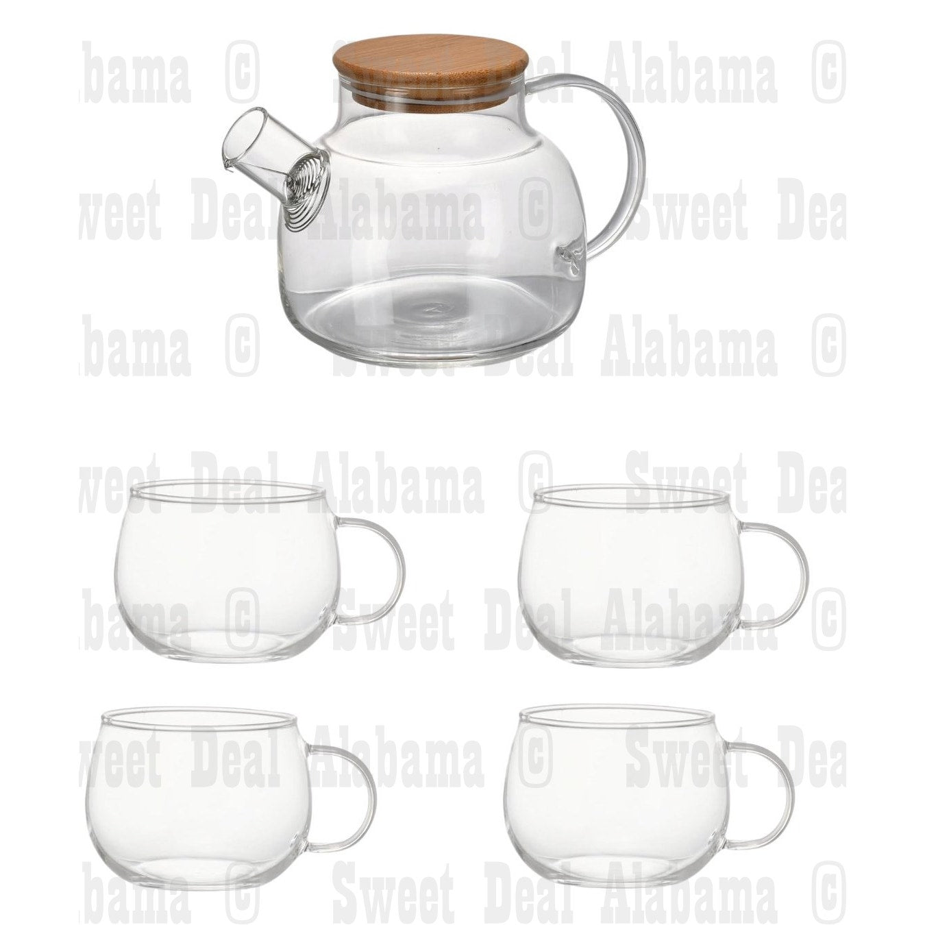 Whole Housewares Glass Teapot Set w/ Bamboo Lid + 4 Mugs | Microwave Safe