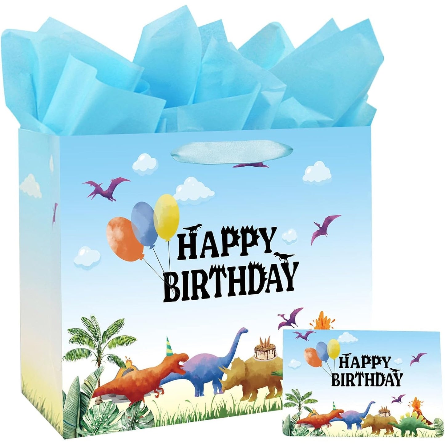 Large 13" Dinosaur Birthday Gift Bag w/ Card & Tissue – Watercolor Design