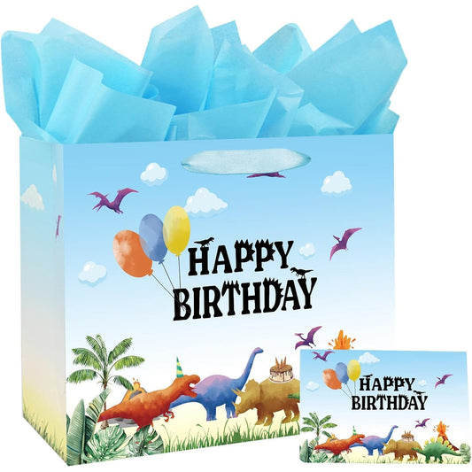 Large 13" Dinosaur Birthday Gift Bag w/ Card & Tissue – Watercolor Design