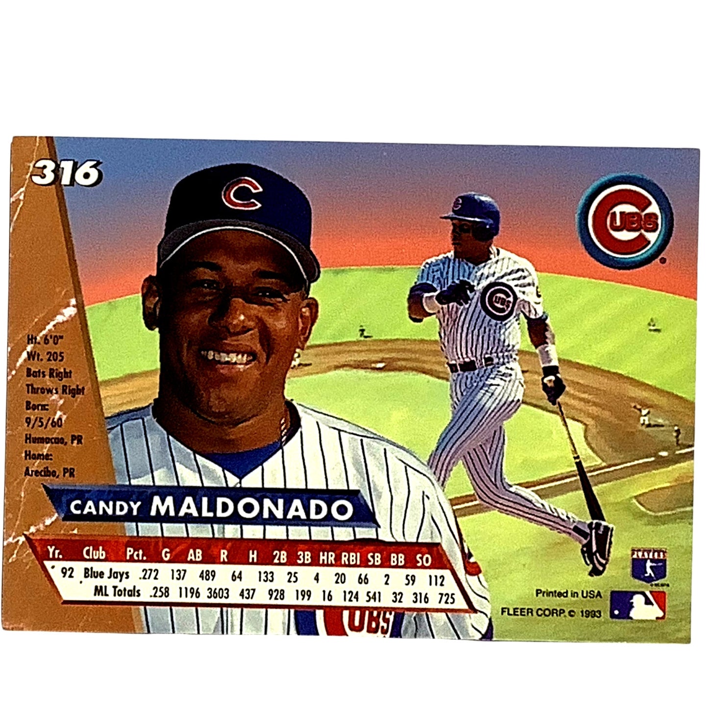 Candy Maldonado, Chicago Cubs, MLB, Fleer Ultra Baseball 1993, Card #316, EX/NM