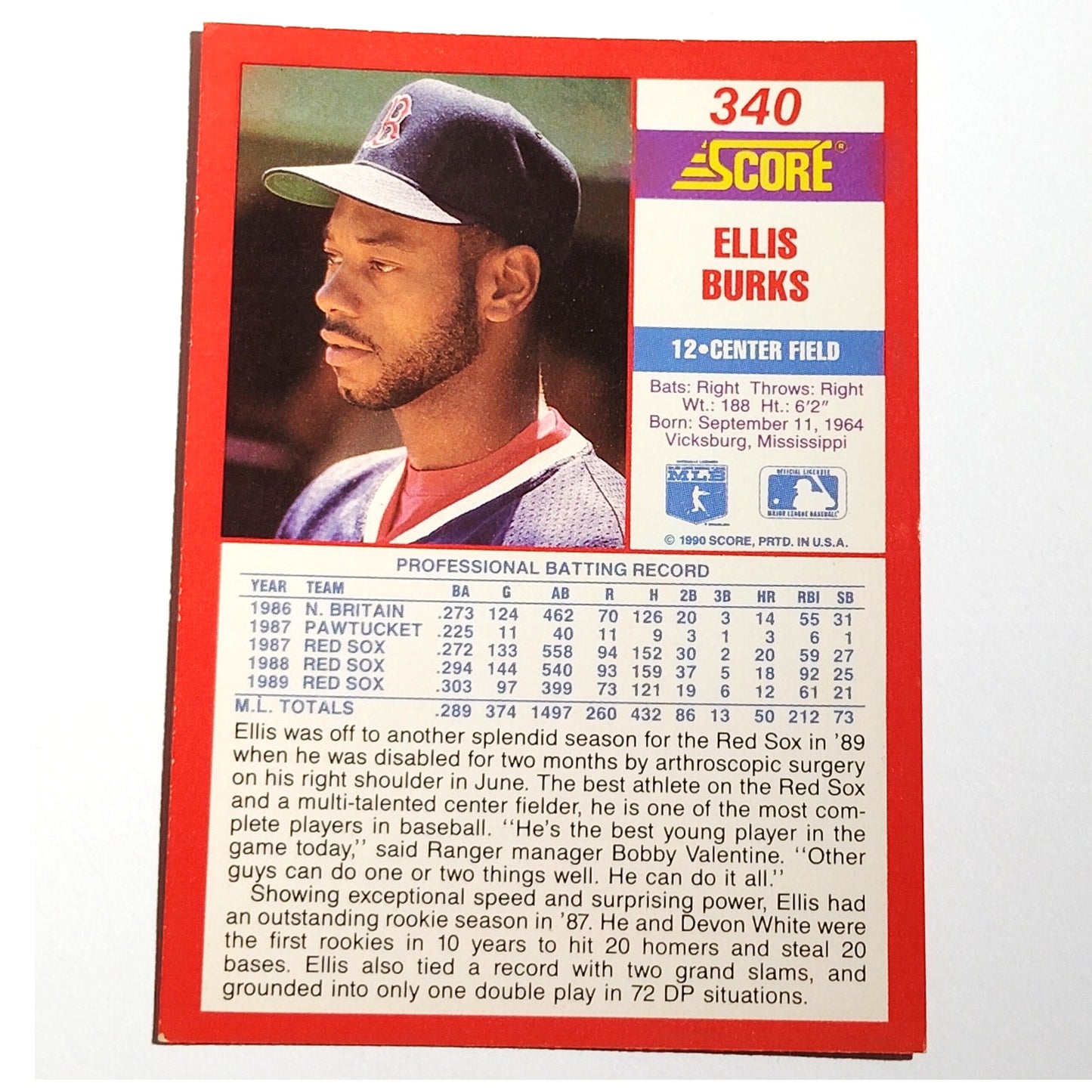 1990 Score Ellis Burks #340 Boston Red Sox Outfielder MLB Baseball EX