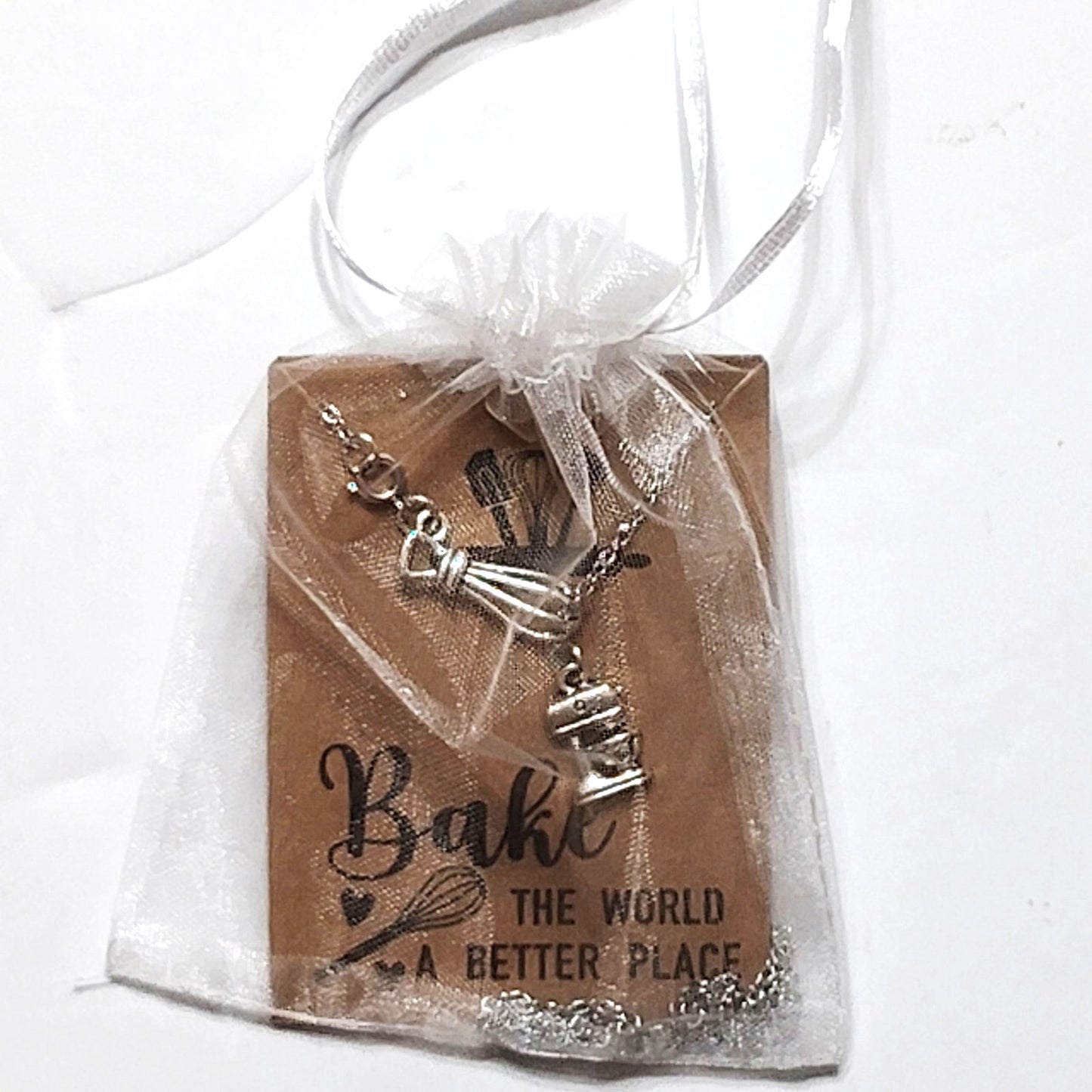 Baker Necklace Whisk & Mixer Charms “Bake The World A Better Place” Baker's Gift