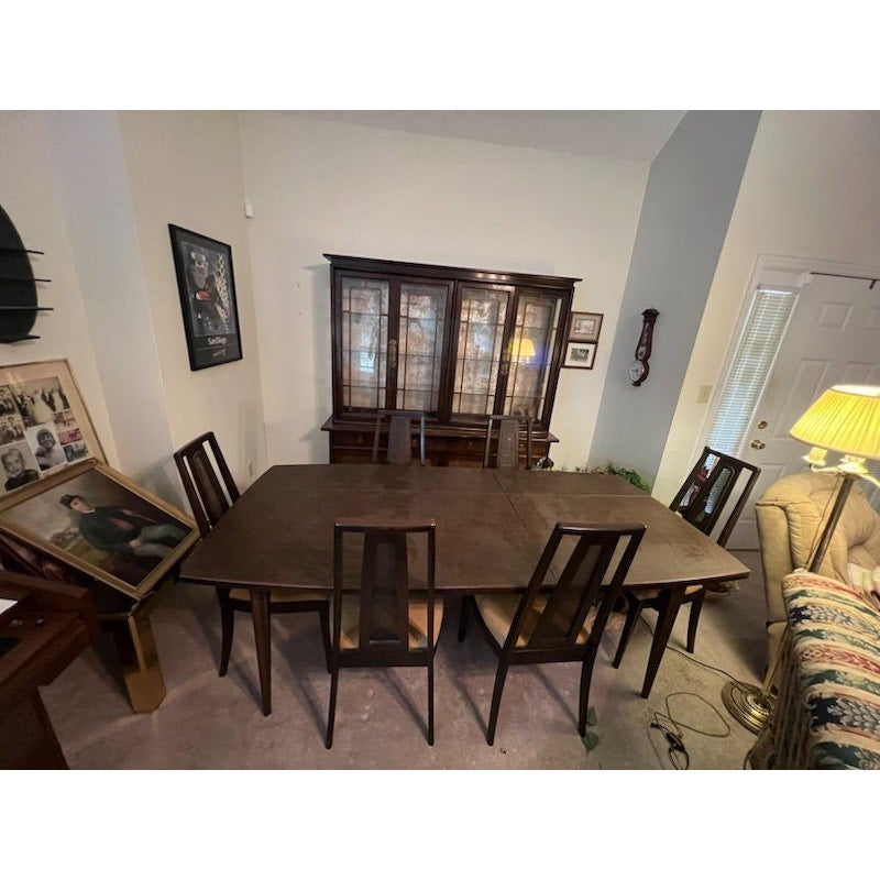 LOCAL PICKUP ONLY- 1960's Dark Wood Dining Set - Table, 6 Chairs & China Cabinet