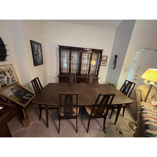 LOCAL PICKUP ONLY- 1960's Dark Wood Dining Set - Table, 6 Chairs & China Cabinet