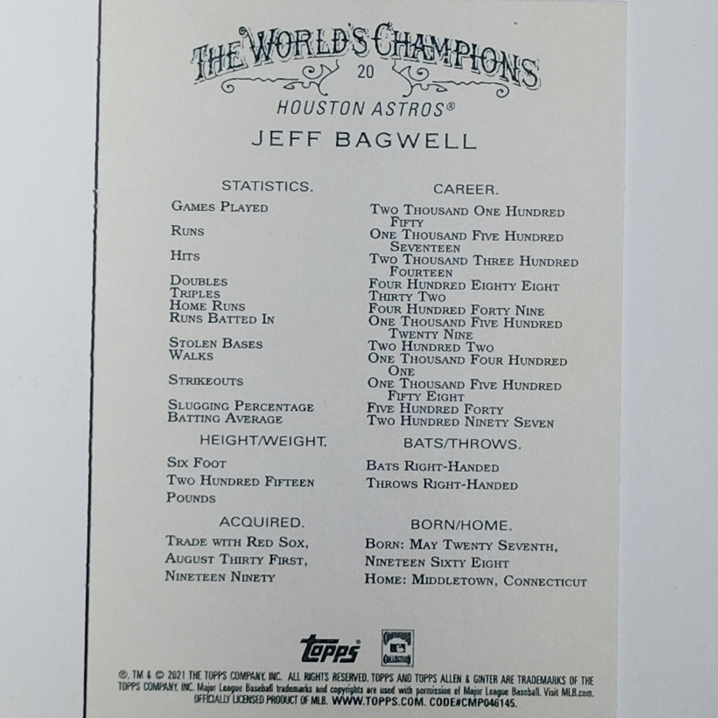 2021 Topps Allen & Ginter #20 Jeff Bagwell Houston Astros First Baseman - VG/EX