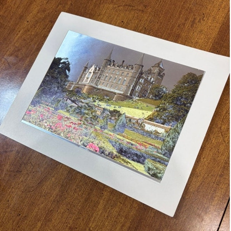 Vintage 1980s Holographic Foil Etching Print Dunrobin Castle Scottish Highlands