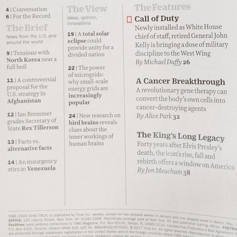 Time Mag Aug 21 2017 General John Kelly Trump's Hope, Elvis Presley 40 Yrs Later