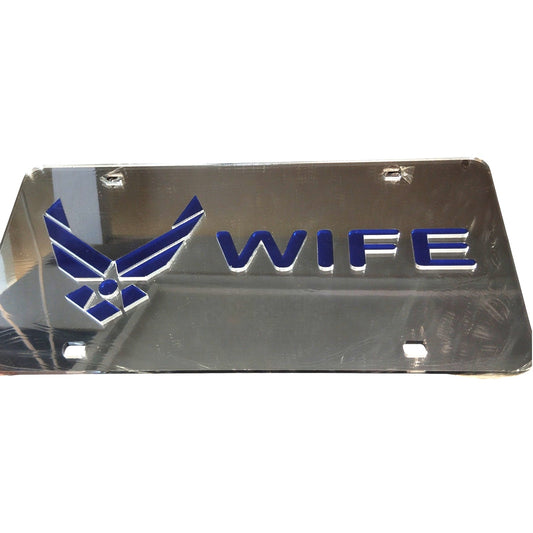 U.S. Air Force Wings License Plate Frame – “WIFE” Blue Inlay, Mirrored Finish, Made in USA