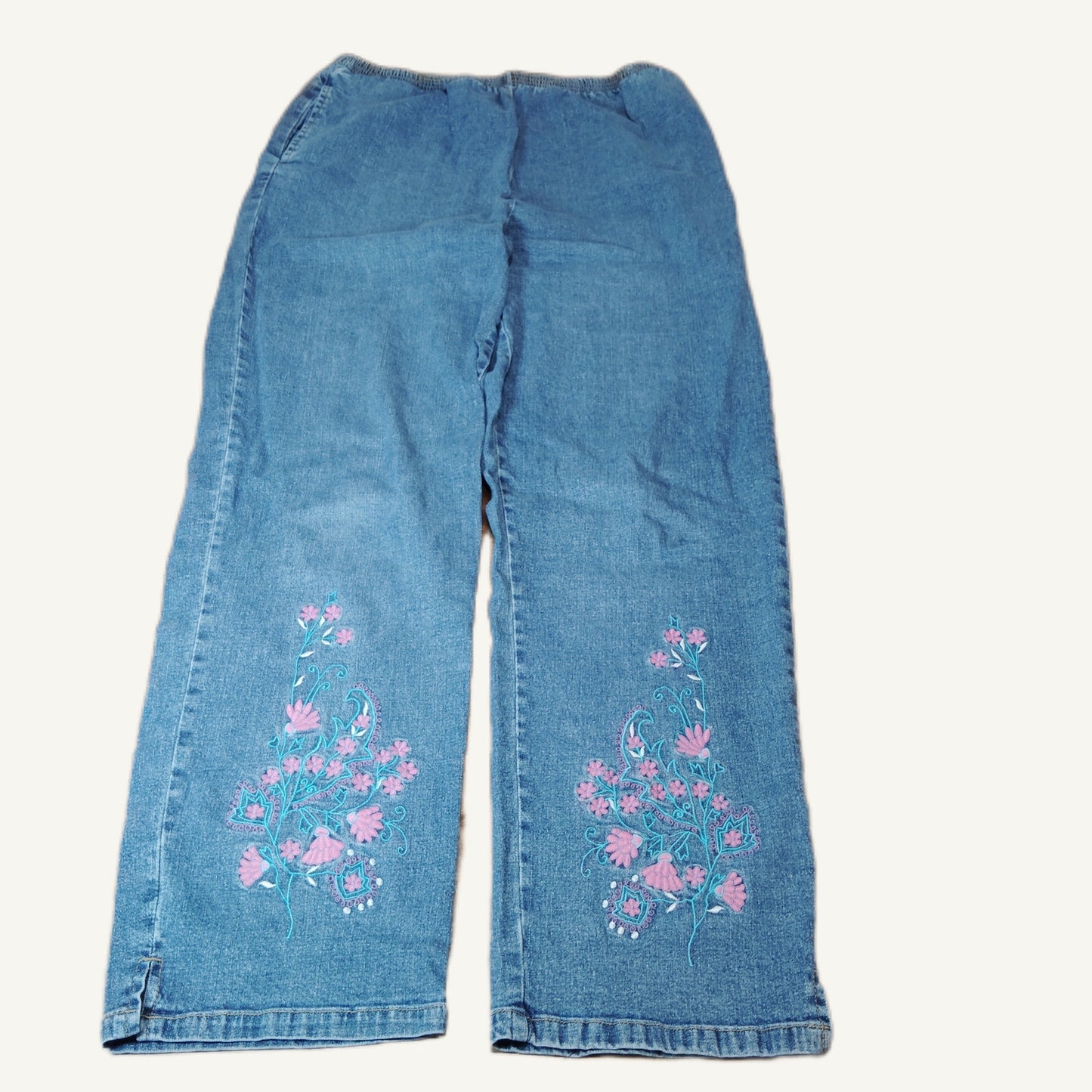 Mom Jeans: Blue Denim with Pink & White Floral Embroidery - Straight Leg 32x29