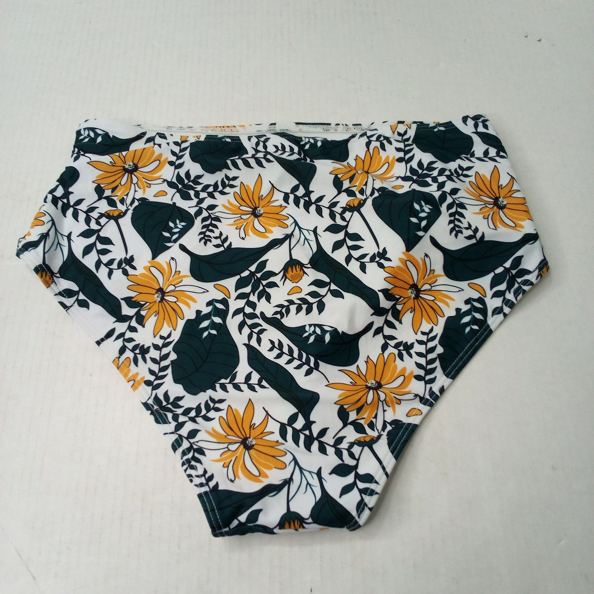 Women's High Waisted Floral Swim Bikini Bottoms Size L Yellow Green Daisy