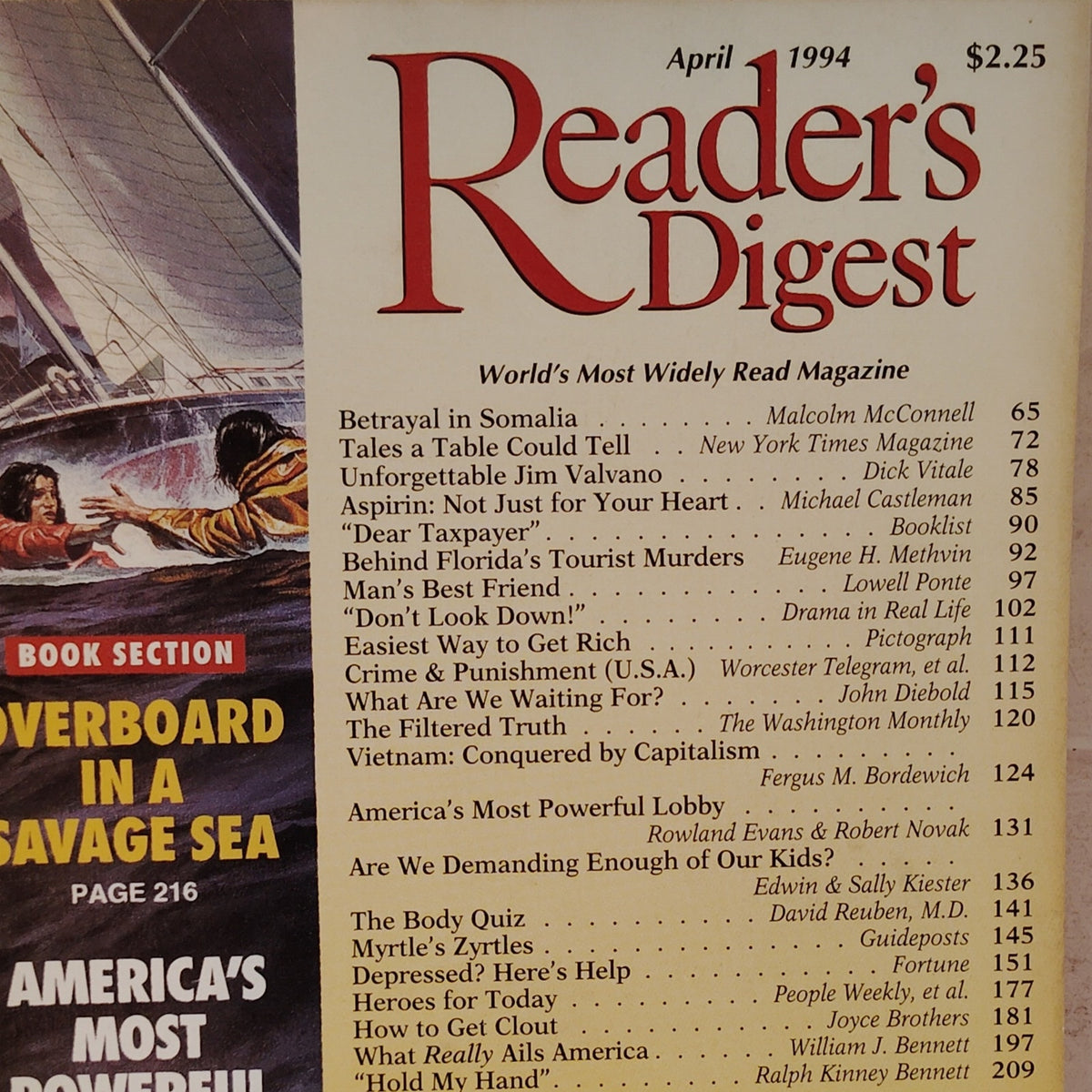 Reader's Digest April 1994 Back Issue - Overboard in a Savage Sea Magazine