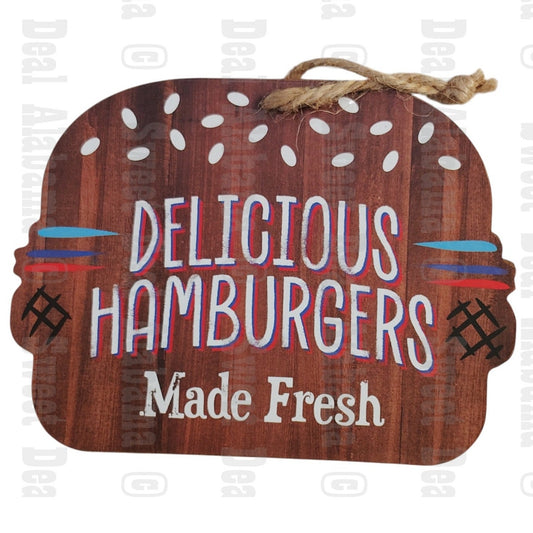 Wood Plaque / Sign "Delicious Hamburgers Made Fresh"  6-1/2" x 5" x 1/8"