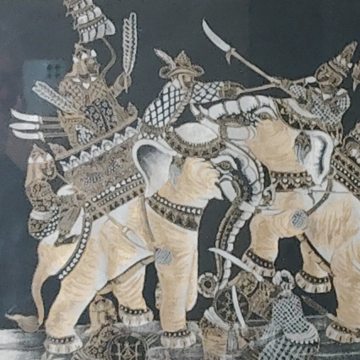 Vintage 1968 Mid‐Century Thai Silk Screen Artwork – War Elephants Battle Scene